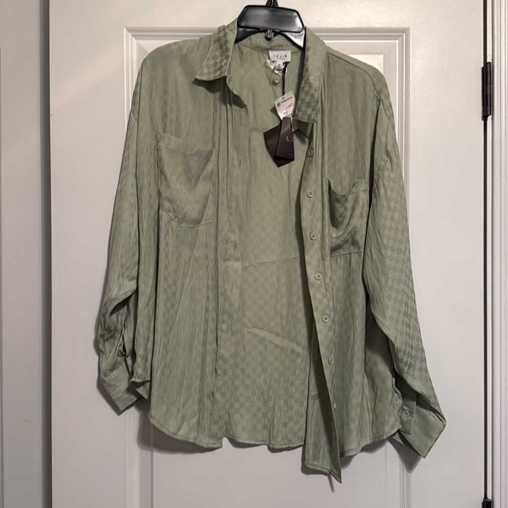Sage Green Checkered Satin Button Up